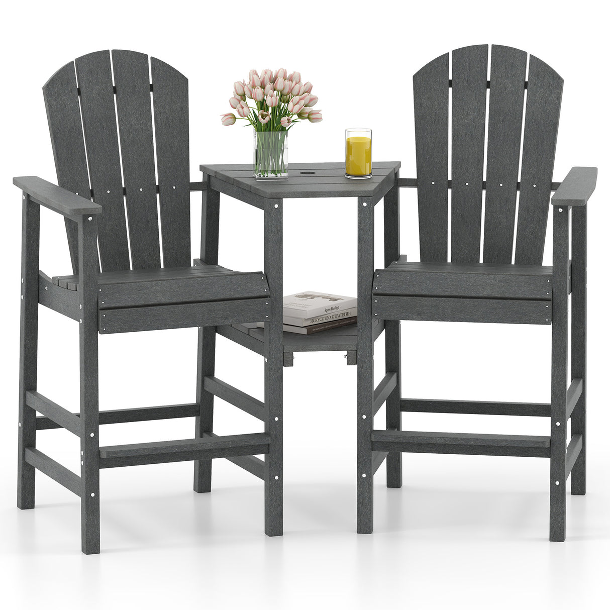 2-Seat Adirondack Chair All-Weather Adirondack Chair with Double Connecting Tray-Gray