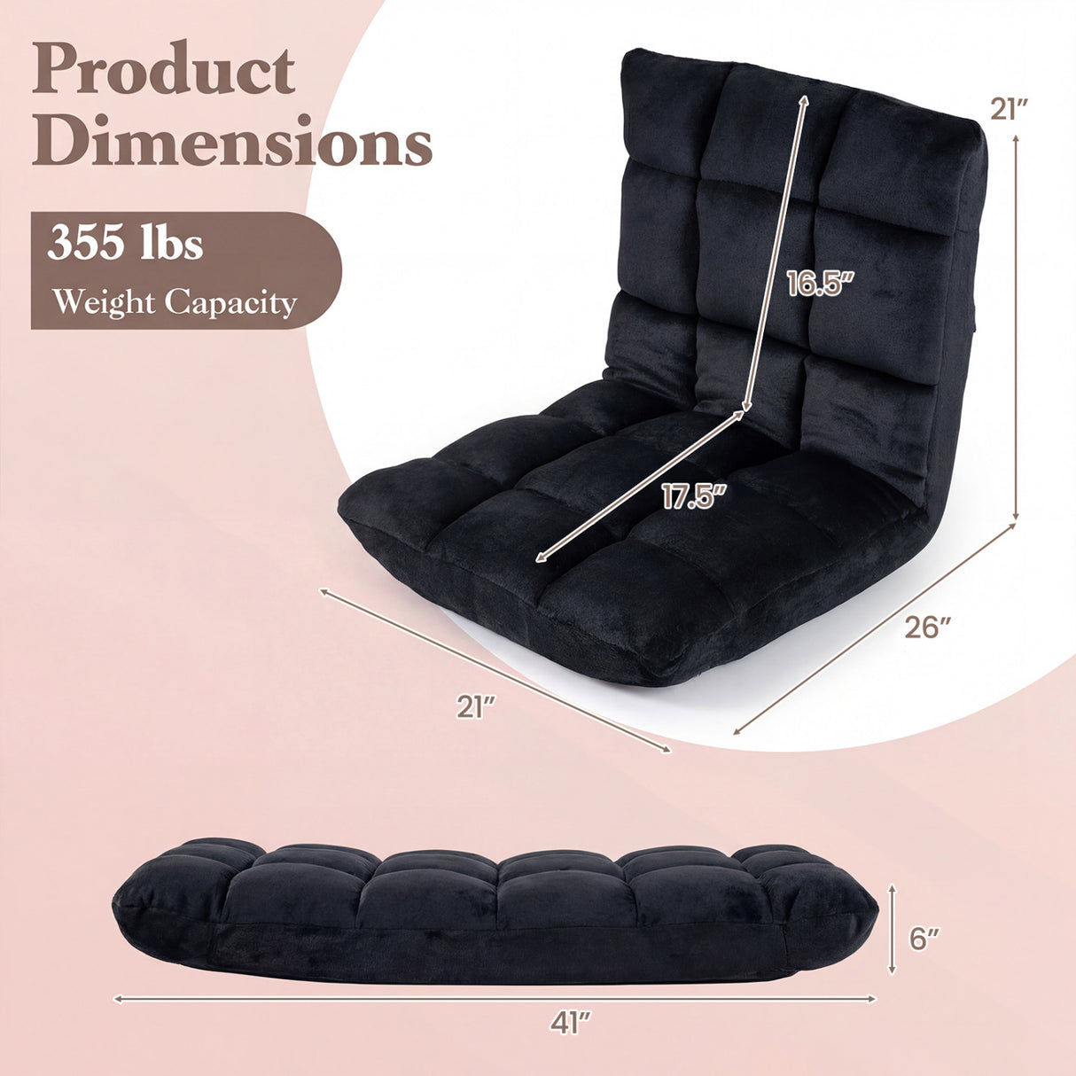 Adjustable 14-Position Floor Chair Folding Lazy Gaming Sofa Chair-Black