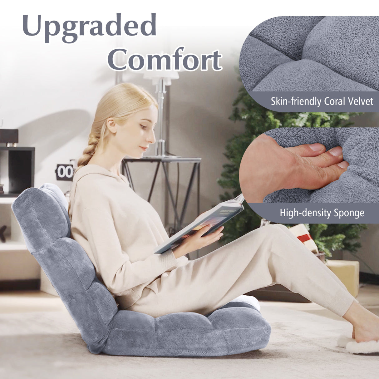 Adjustable 14-position Cushioned Floor Chair-Gray