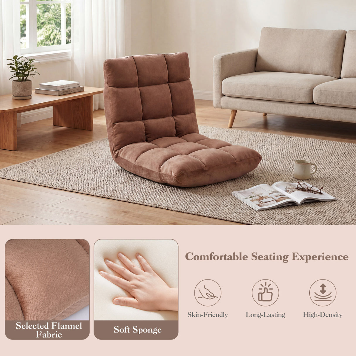 Adjustable 14-position Cushioned Floor Chair-Beige