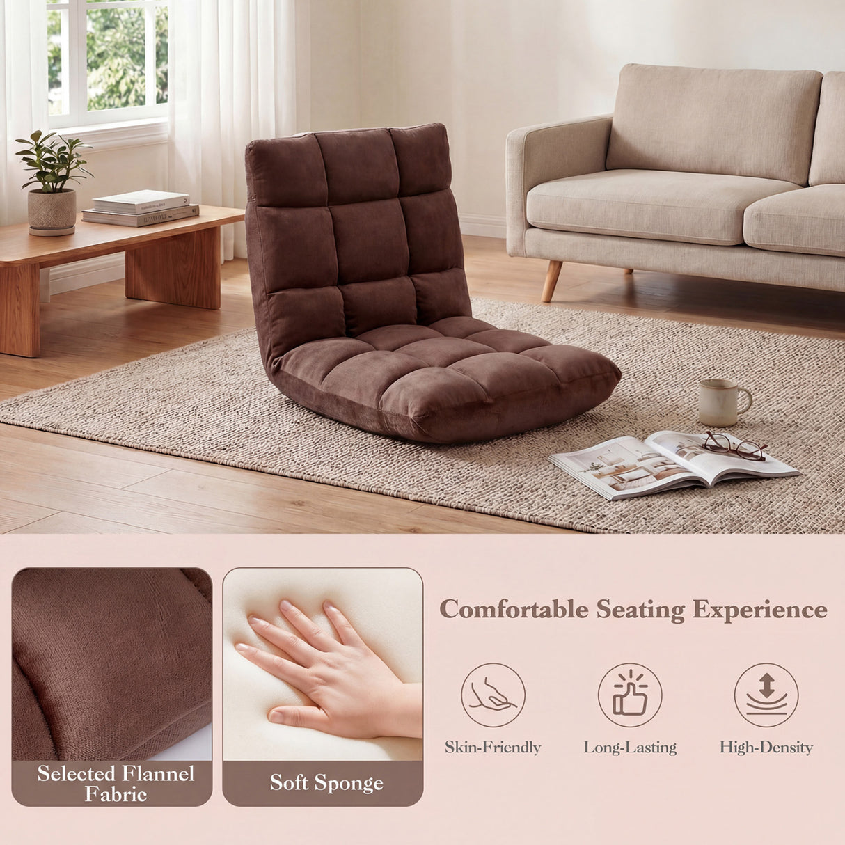 Adjustable 14-position Cushioned Floor Chair-Coffee