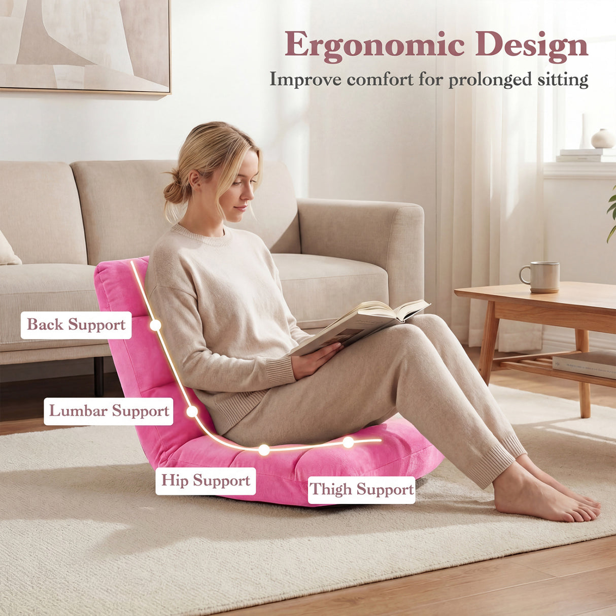 Adjustable 14-position Cushioned Floor Chair-Pink