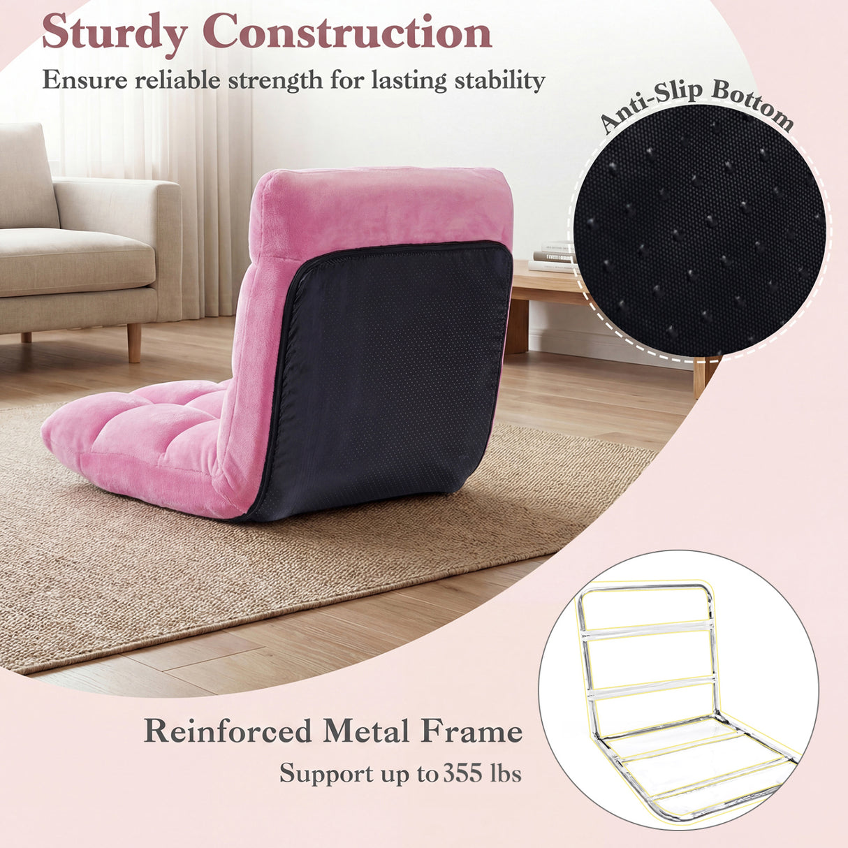 Adjustable 14-position Cushioned Floor Chair-Pink