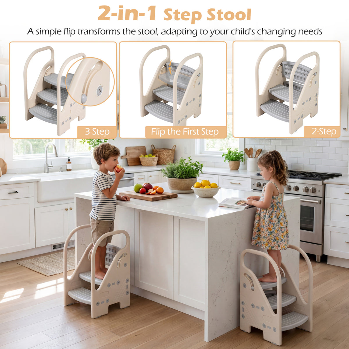 Adjustable 3-Step Helper Stool with Safety Handles and for kids-Gray