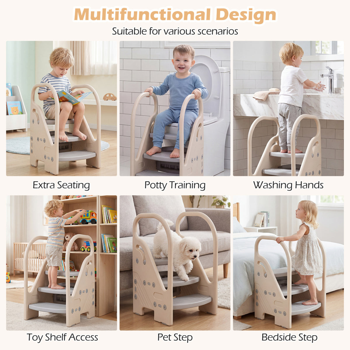 Adjustable 3-Step Helper Stool with Safety Handles and for kids-Gray