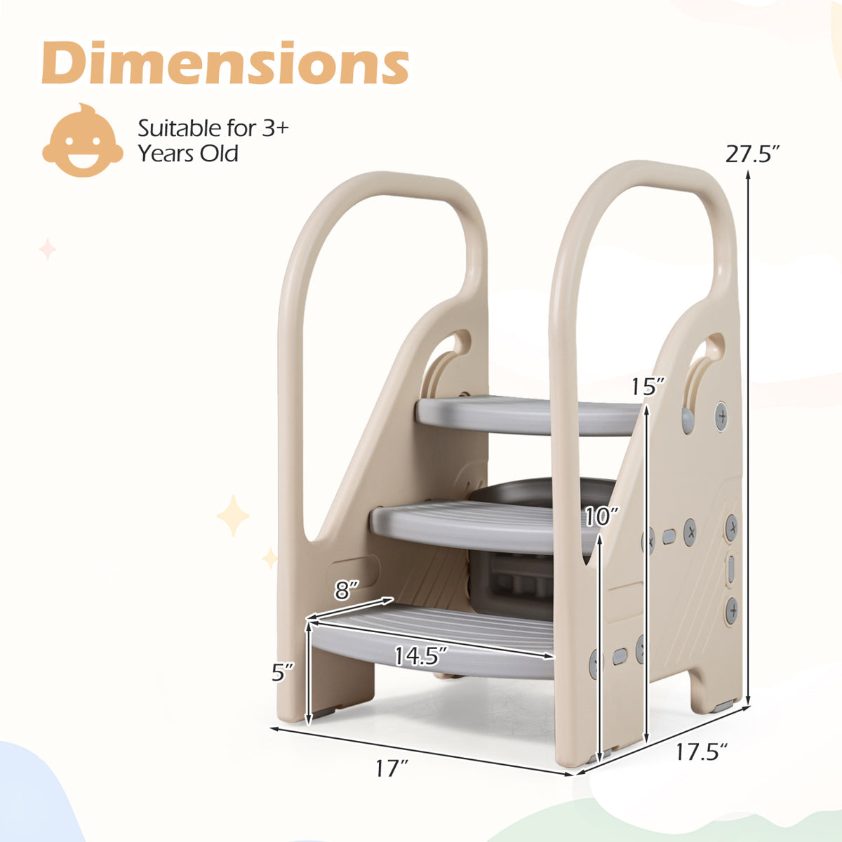 Adjustable 3-Step Helper Stool with Safety Handles and for kids-Gray