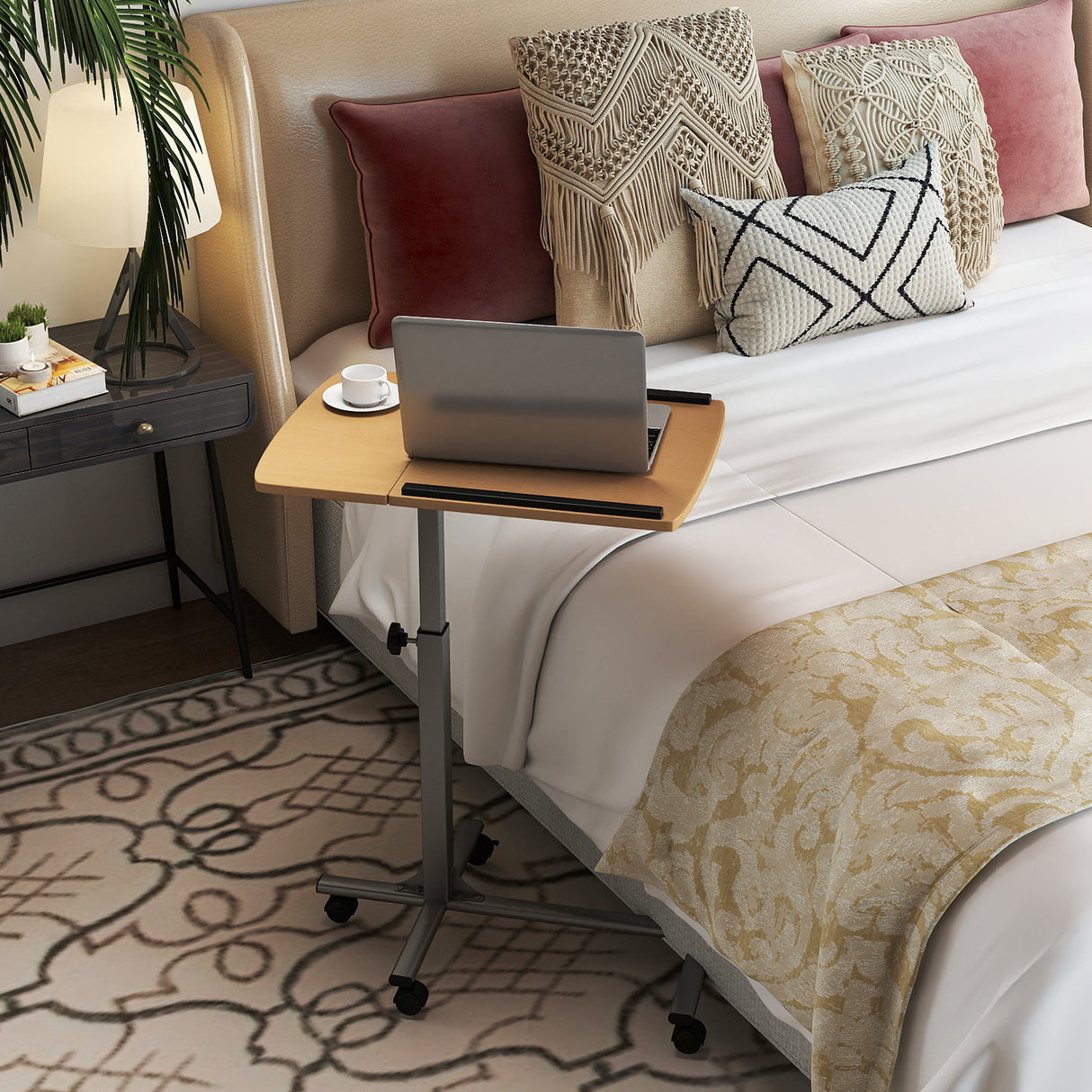 Adjustable Angle Height Rolling Laptop Table-Natural