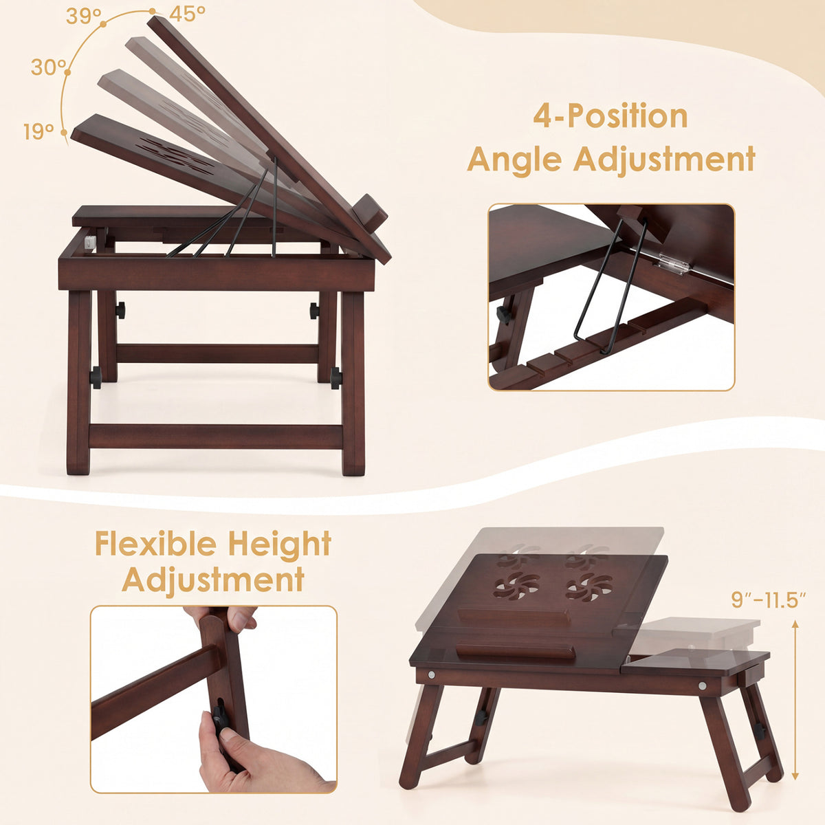 Adjustable Bamboo Laptop Desk with Tilting Top and Adjustable Legs for Wring-Brown