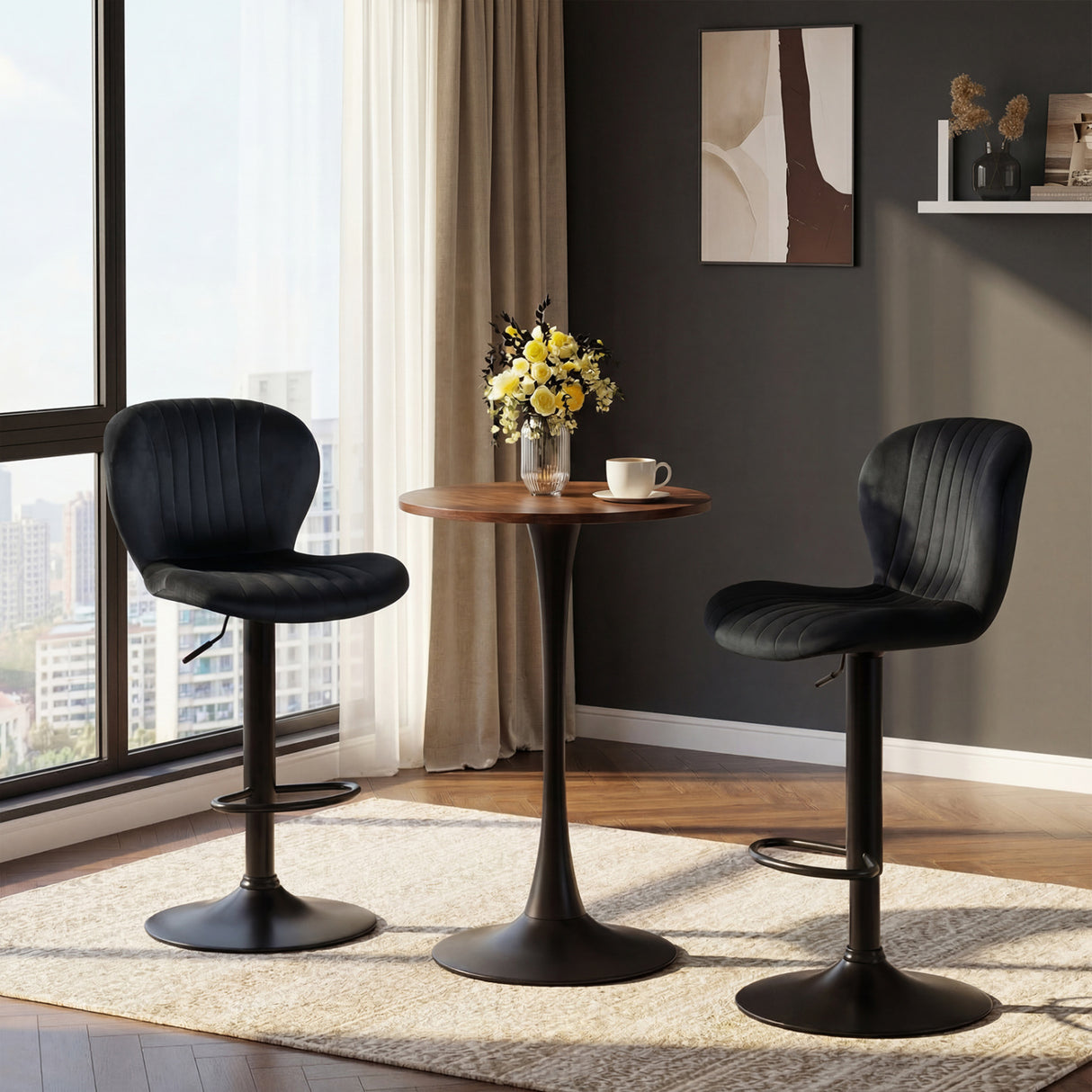Adjustable Counter Height Chairs Set of 2 with Velvet Upholstered Backrests-Black