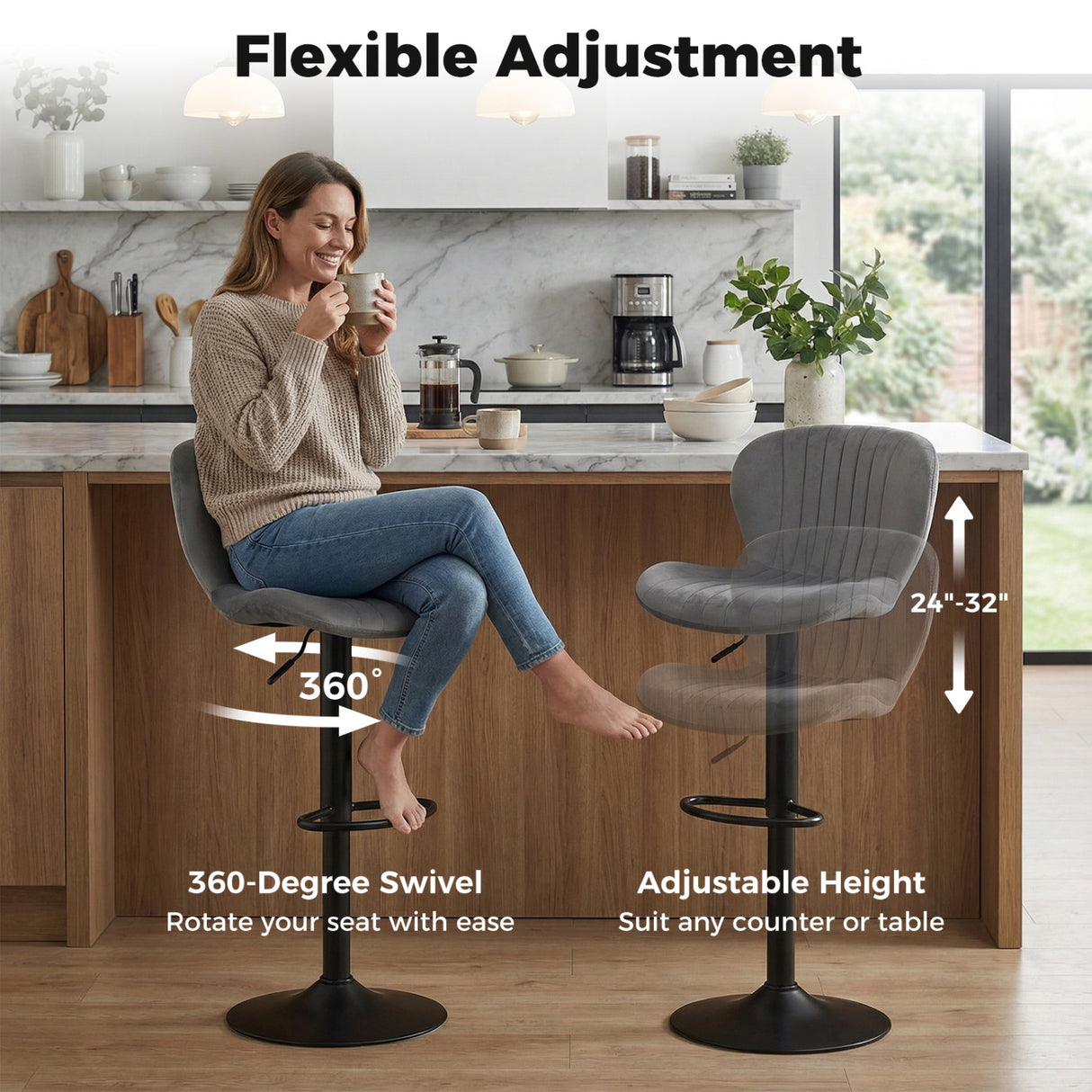 Adjustable Counter Height Chairs Set of 4 with Velvet Upholstered Backrests-Gray