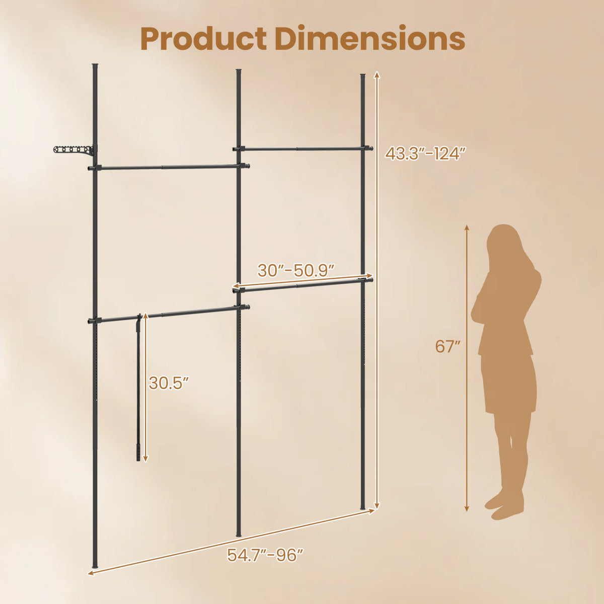 Adjustable Floor to Ceiling Clothes Rack with 4 Hanging Rods-Black