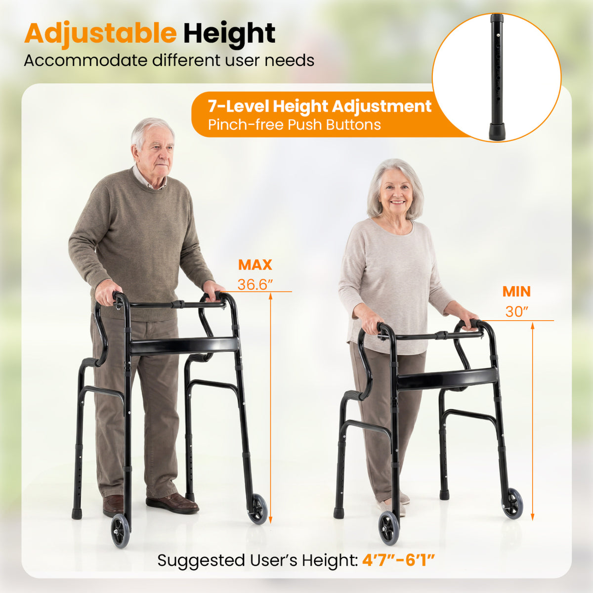 Adjustable Heavy-Duty Folding Walker with Unidirectional Wheels and Bi-Level Armrests-Black