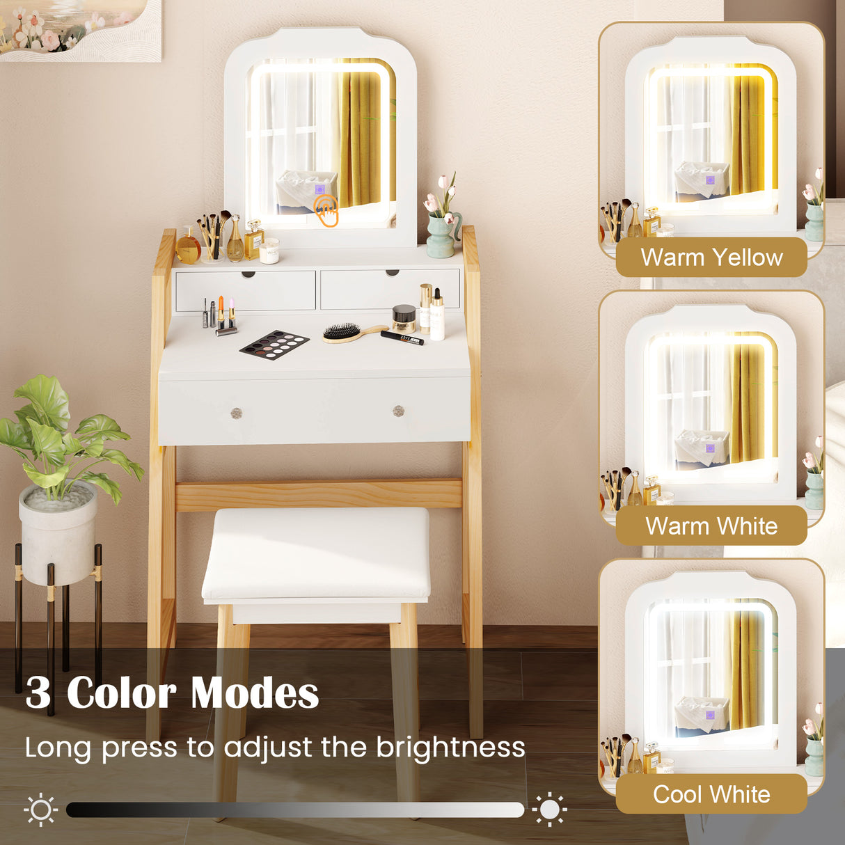 Adjustable Height Vanity Desk Set with 3-Color LED Lighted Mirror and Drawers-White
