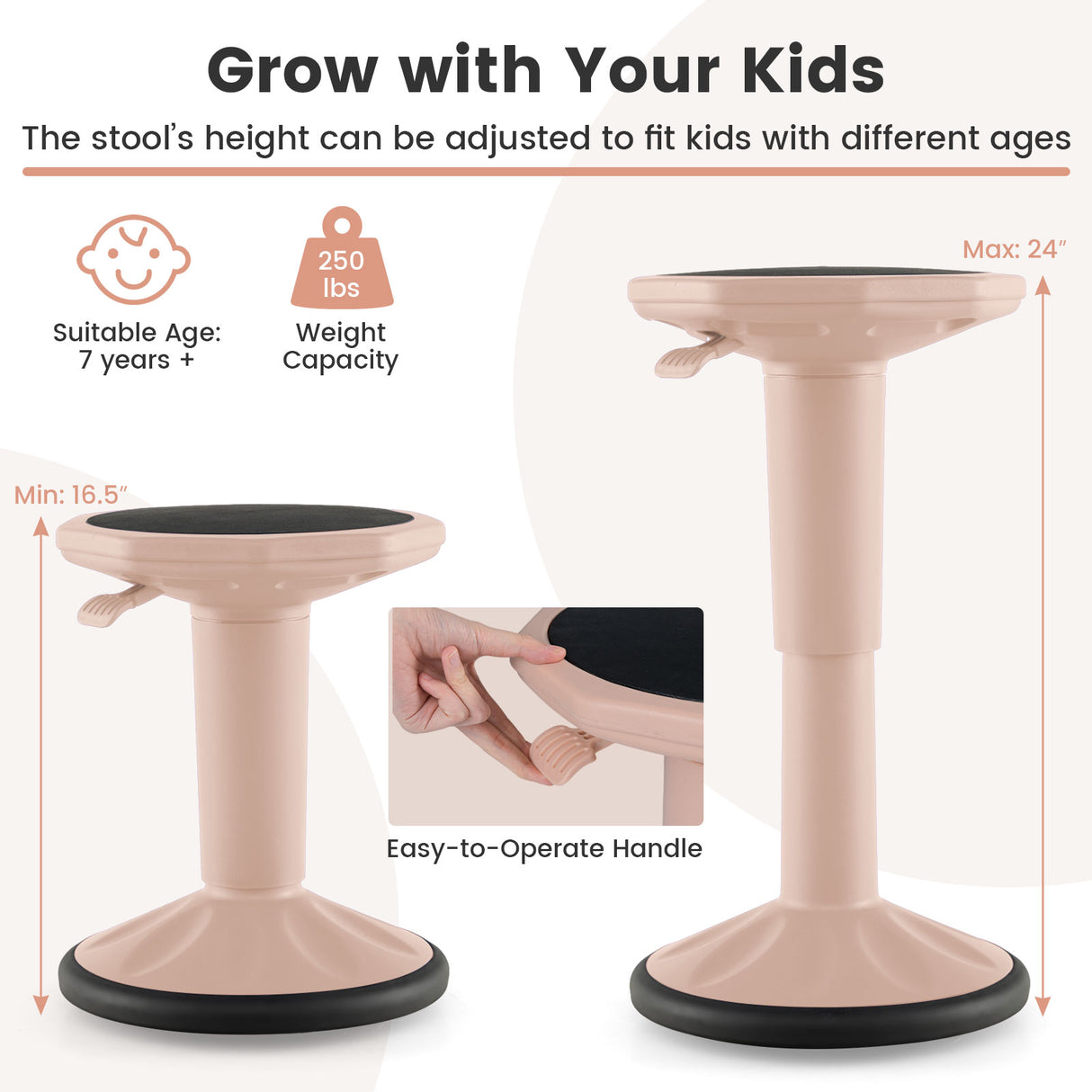 Adjustable-Height Wobble Chair Active Learning Stool for Office Stand Up Desk-Pink