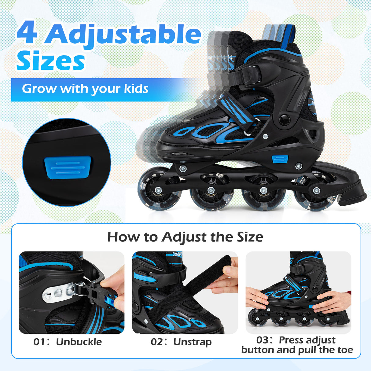 Adjustable Kids' Incline Skates 4 Sizes Adjustable Blade Roller-Blue