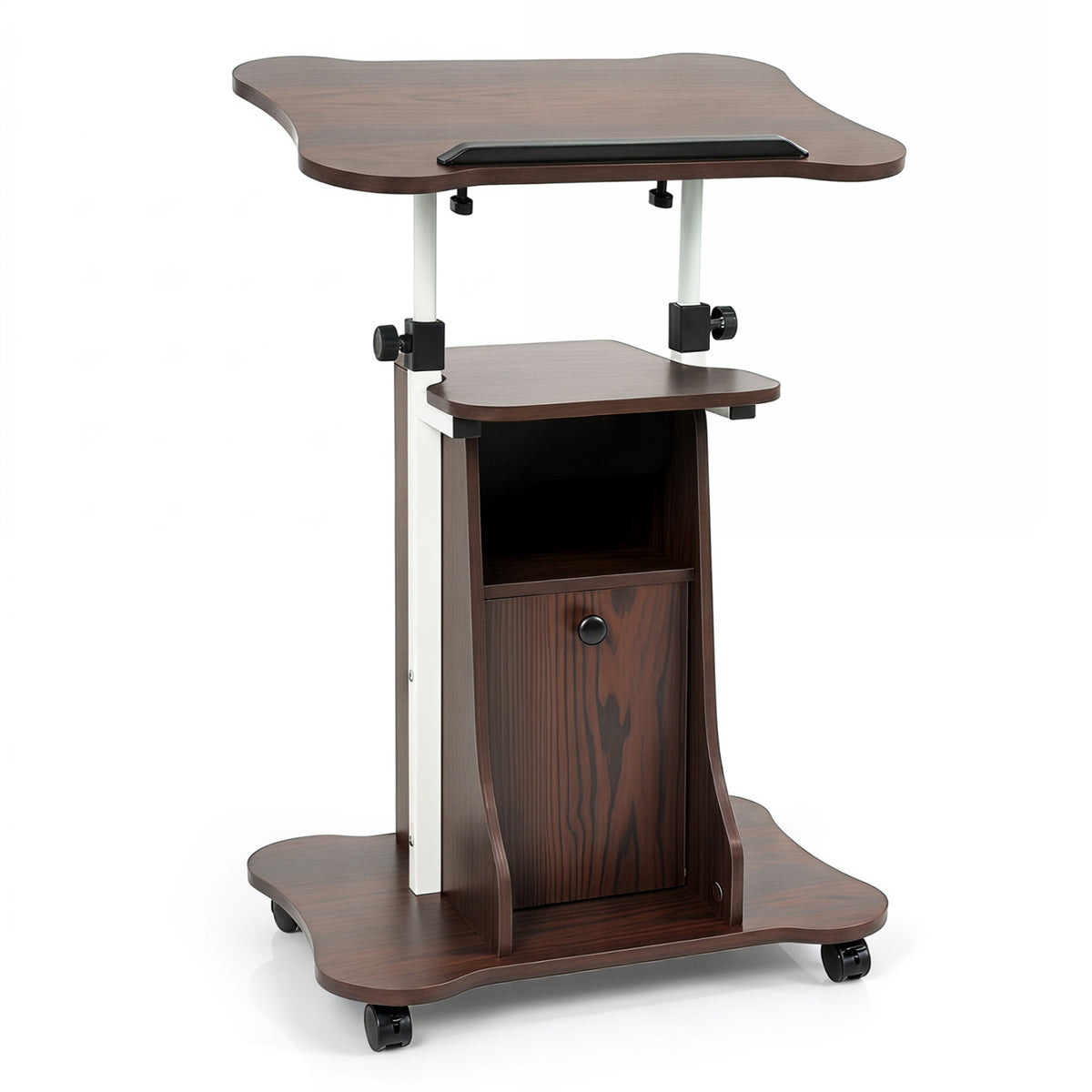 Adjustable Mobile Standing Desk Cart with Tilt Desktop and Cabinet-Brown