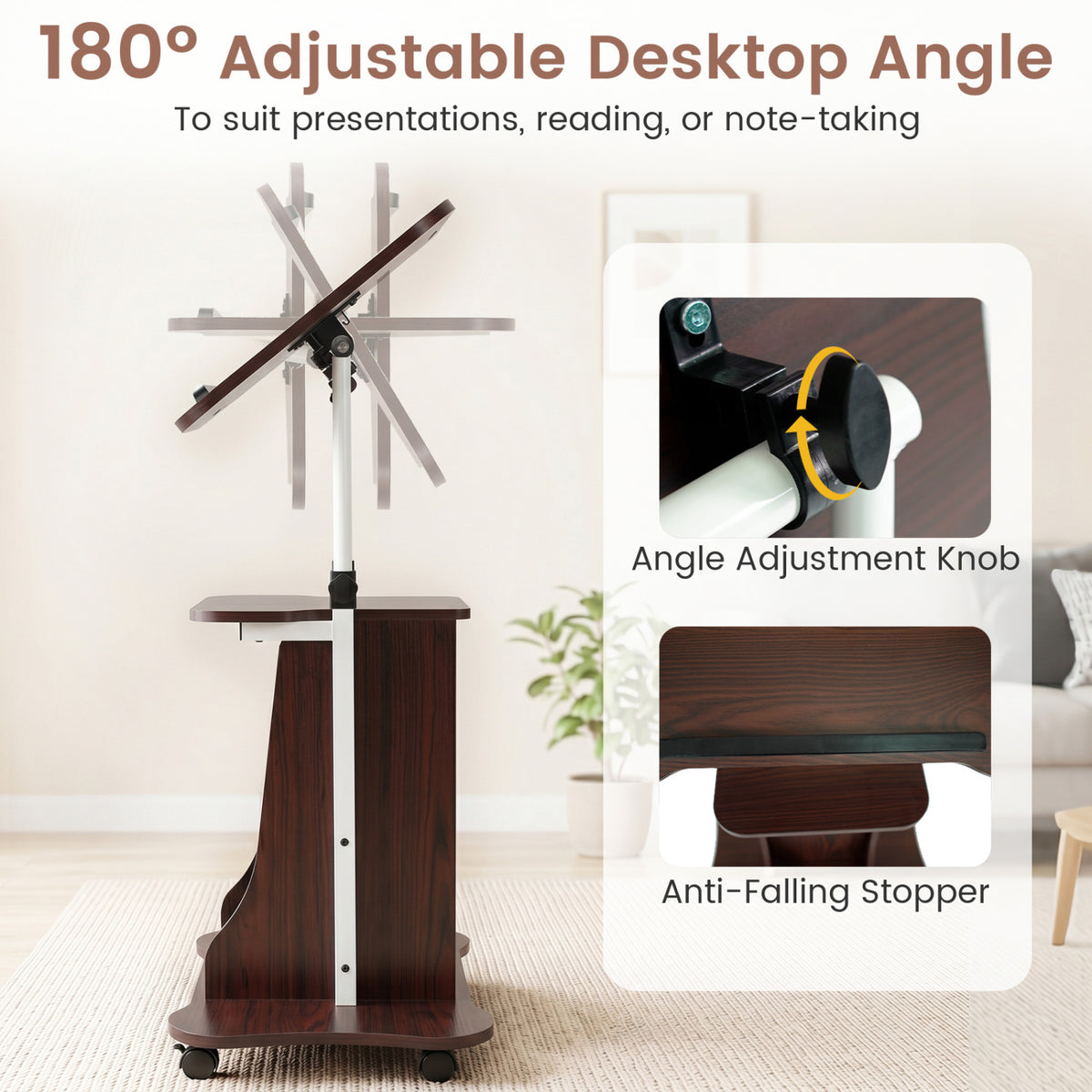 Adjustable Mobile Standing Desk Cart with Tilt Desktop and Cabinet-Brown