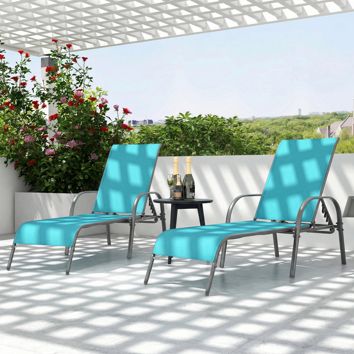 Adjustable Patio Chaise Folding Lounge Chair with Backrest-Turquoise