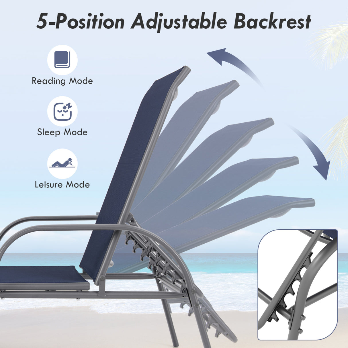 Adjustable Patio Chaise Folding Lounge Chair with Backrest-Navy