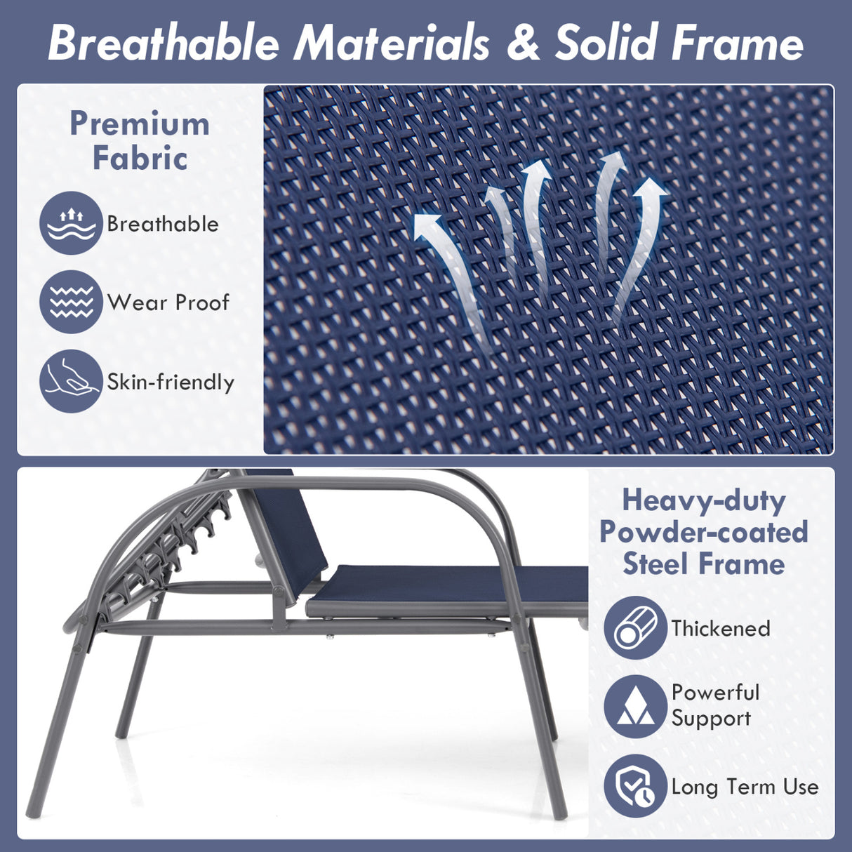 Adjustable Patio Chaise Folding Lounge Chair with Backrest-Navy
