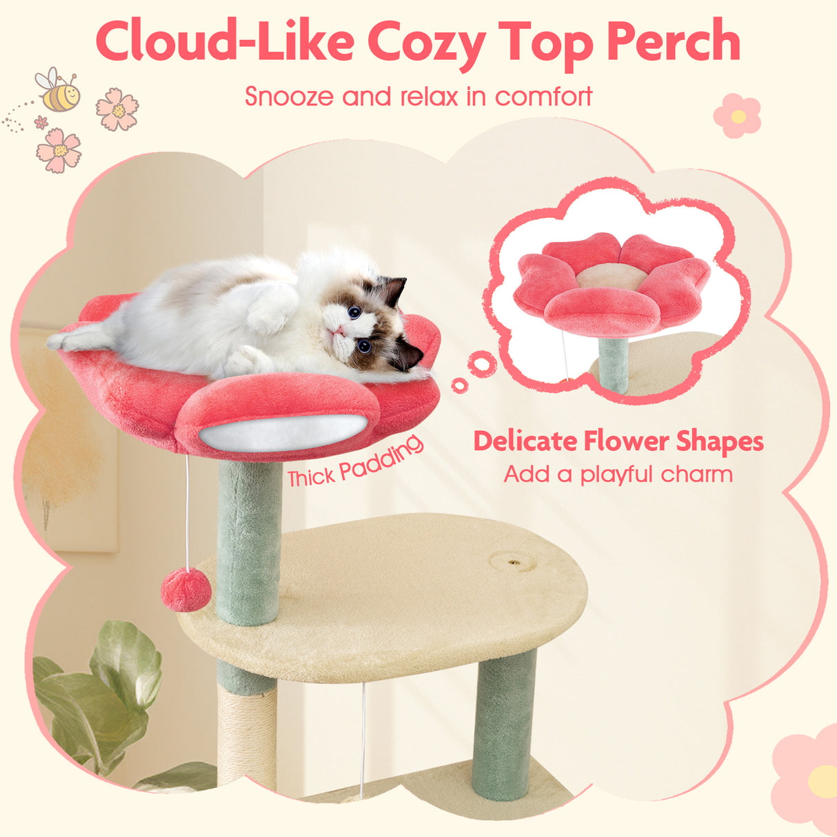 61 Inch Multi-Level Aesthetic Floral Kitten Tower with Flower-Shaped Padded Perch-Multicolor