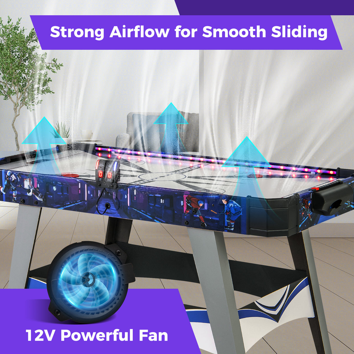 Air Powered Hockey Game Table with 2 Pushers and Pucks-Blue