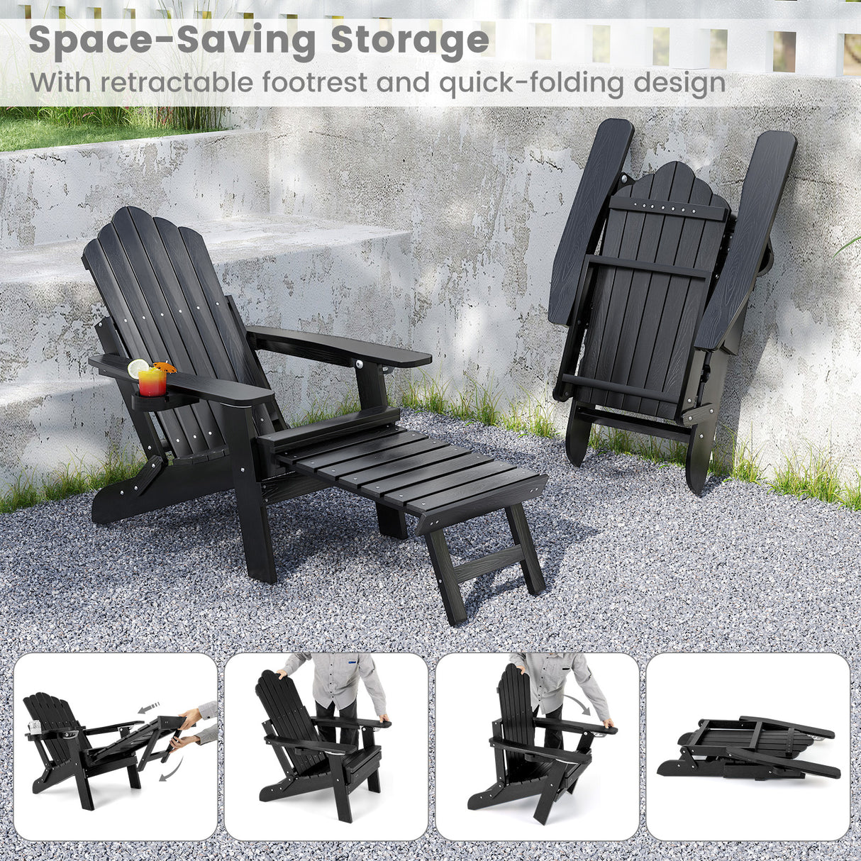 All-Weather HIPS Patio Adirondack Lounge Chair with Retractable Footrest-Black