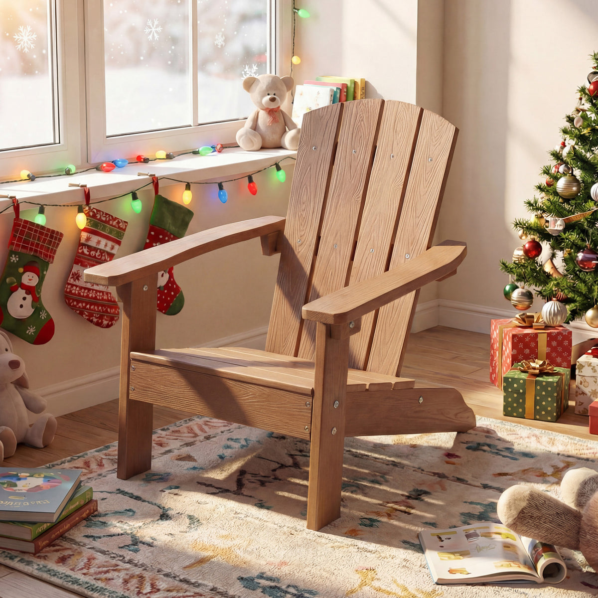 All-Weather HDPE Kid's Adirondack Chair with with High Backrest and Armrests-Natural