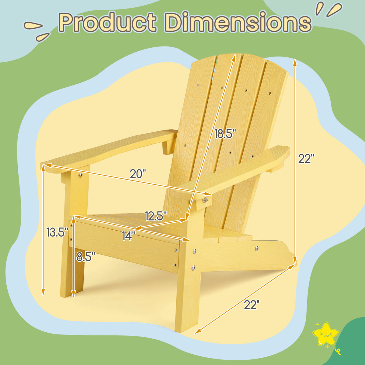 All-Weather HDPE Kid's Adirondack Chair with with High Backrest and Armrests-Yellow