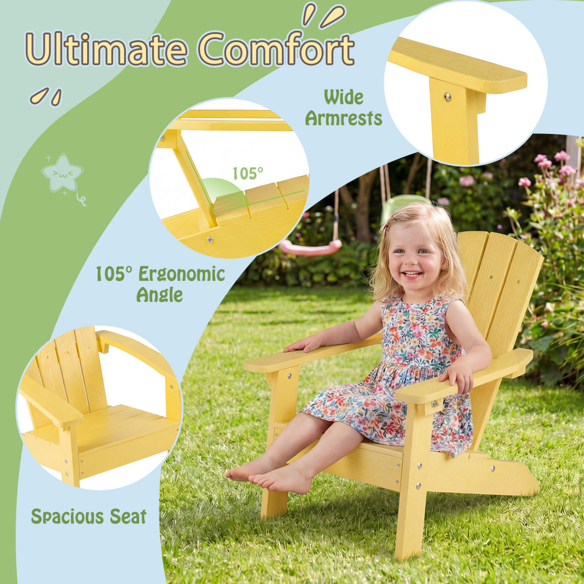 All-Weather HDPE Kid's Adirondack Chair with with High Backrest and Armrests-Yellow