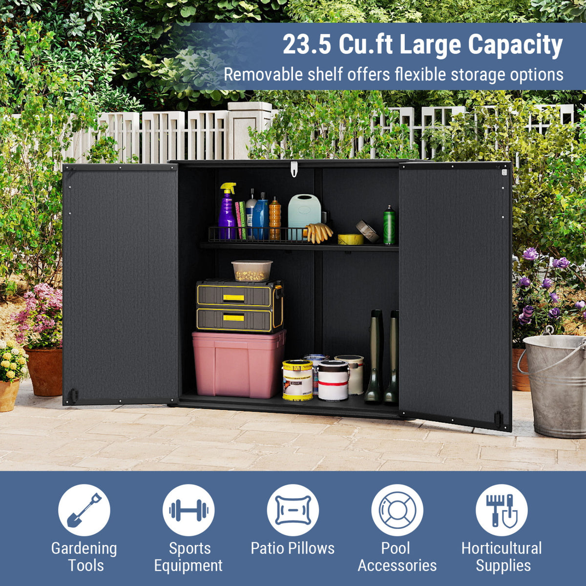 All-Weather Storage Box with Floor and Removable Shelf for Patio and Lawn-Black