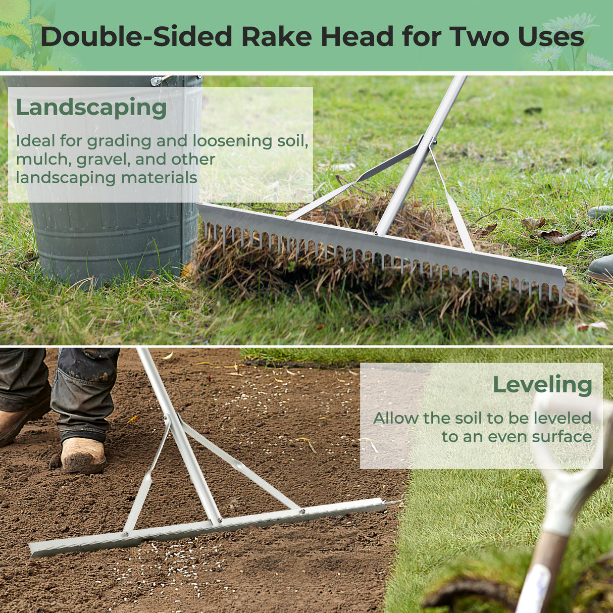 Aluminum Rake with 36 Inch Wide Rake Head and 68 Inch Long Handle