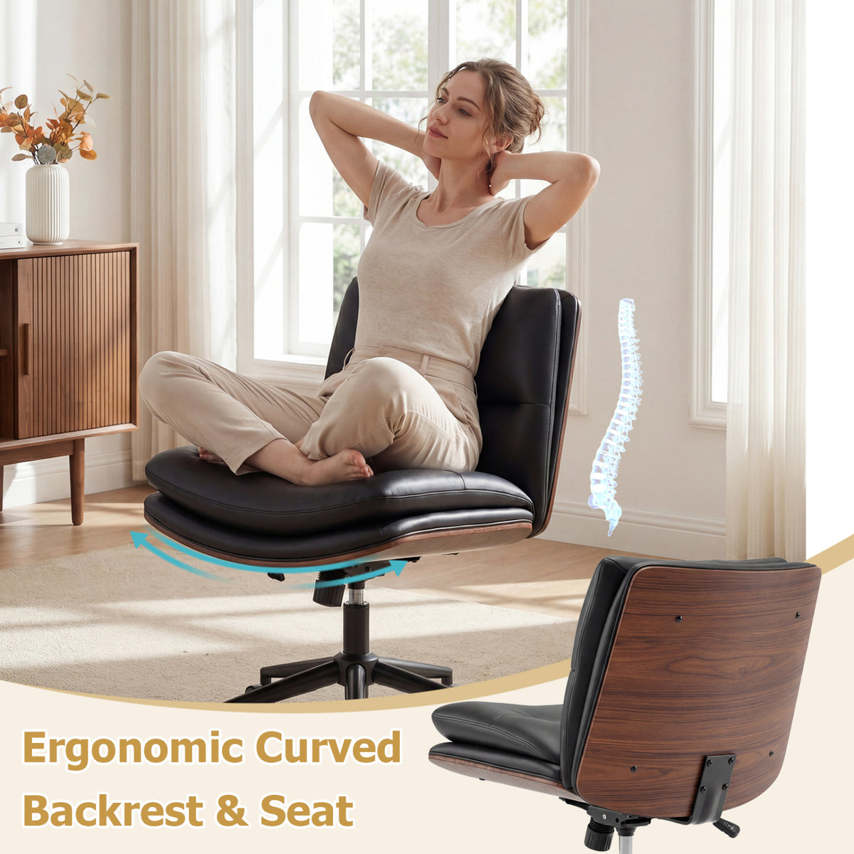 Armless Office Chair with Curved Backrest and Padded Seat-Black