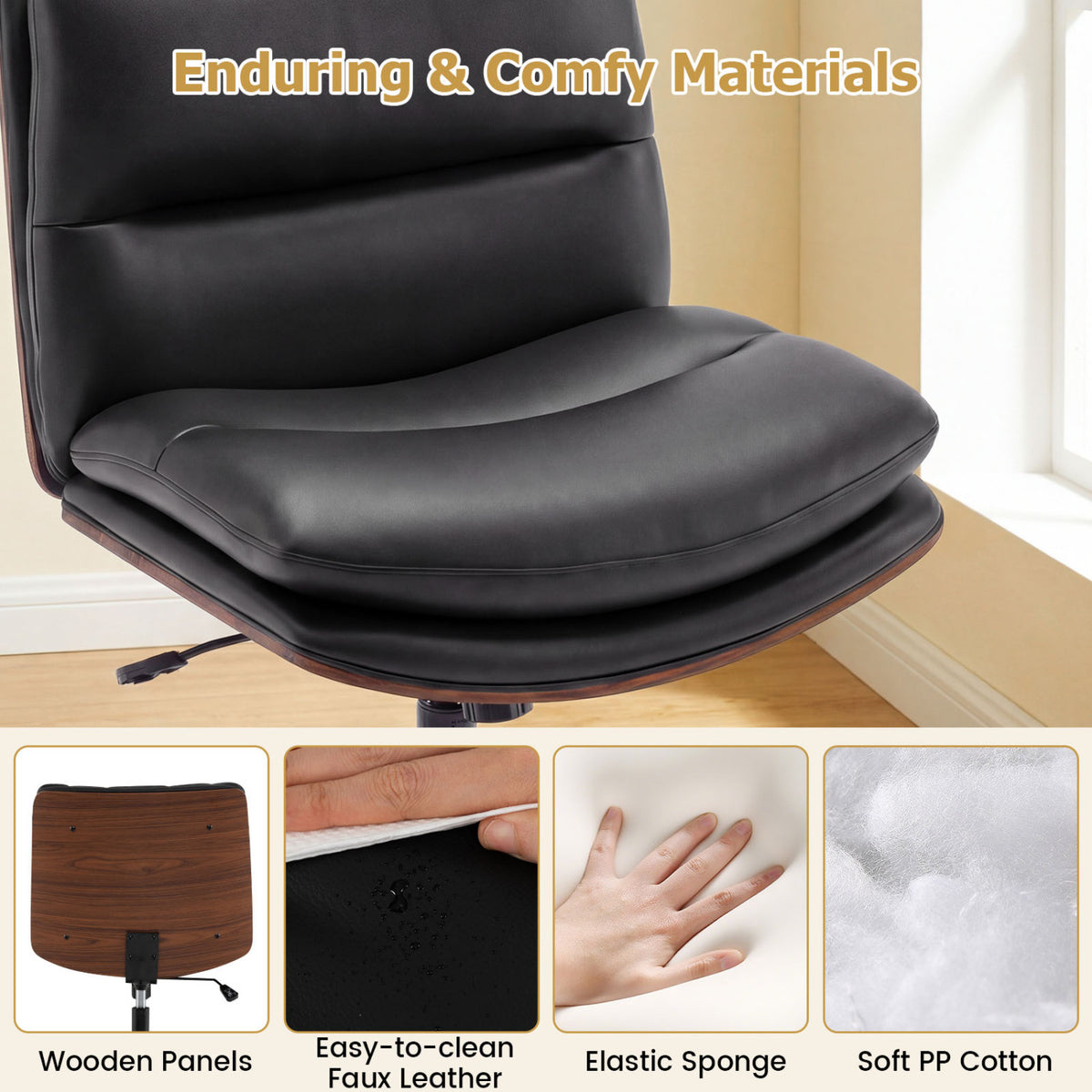 Armless Office Chair with Curved Backrest and Padded Seat-Black