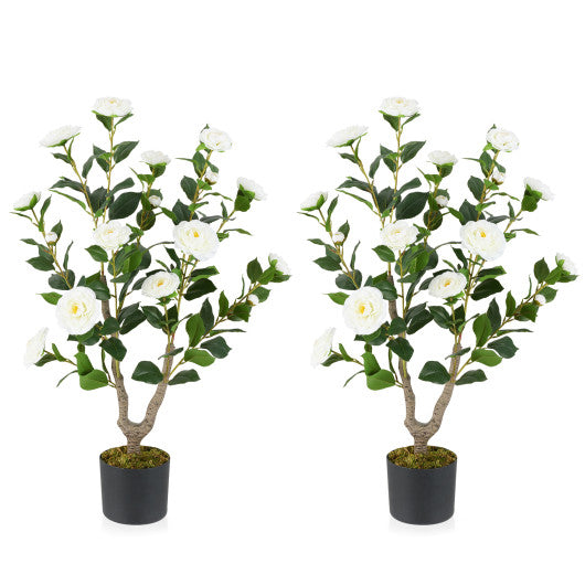 36 Inch Artificial Camellia Tree with Blooming Flower 2 Pack-White