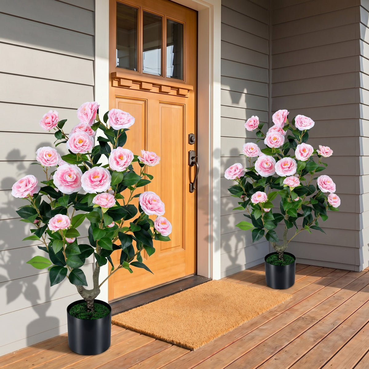 Artificial Camellia Tree Faux Flower Plant in Cement-Filled Pot-Pink