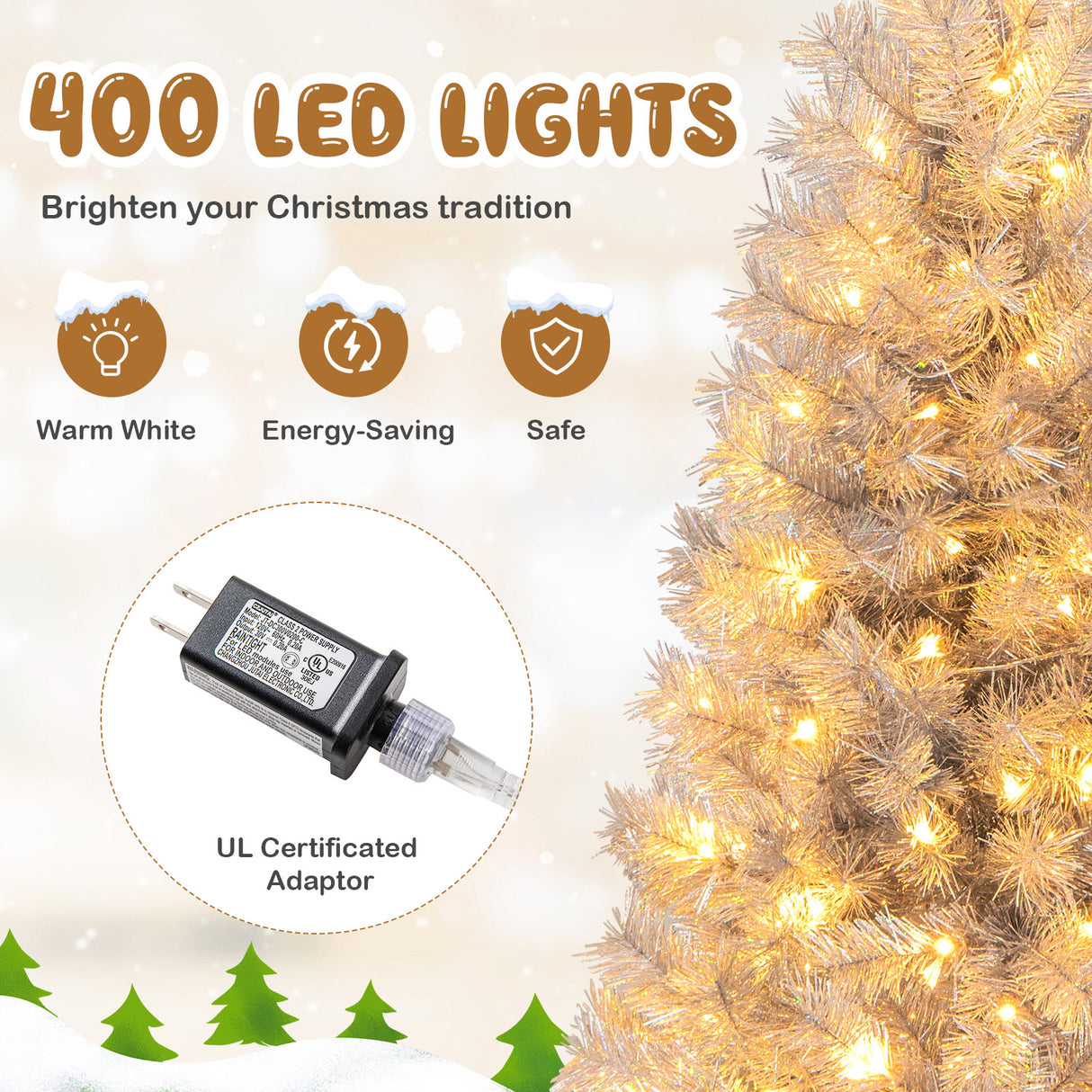 Artificial Xmas Tree with Branch Tips and Warm White LED Lights-7FT