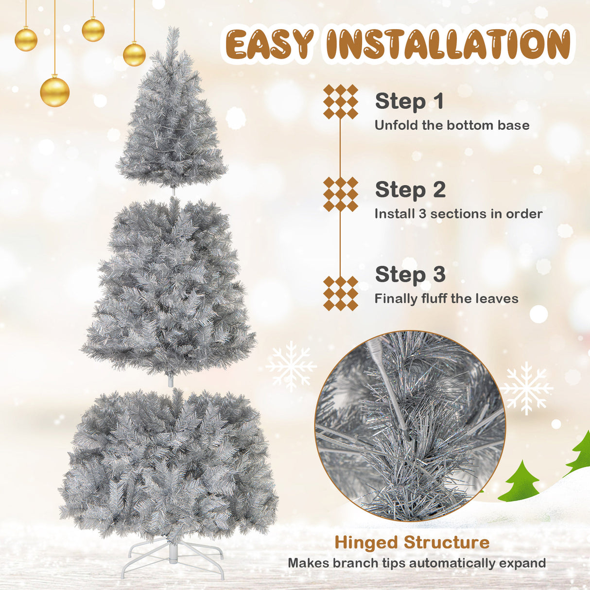 Artificial Xmas Tree with Branch Tips and Warm White LED Lights-7FT