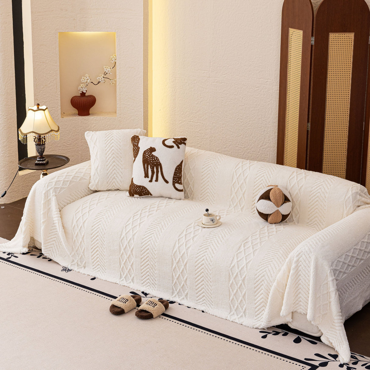 Plush Fleece Sofa Cover with 3D Cable Knit Texture Soft Cozy Warm Sofa Throw Blanket