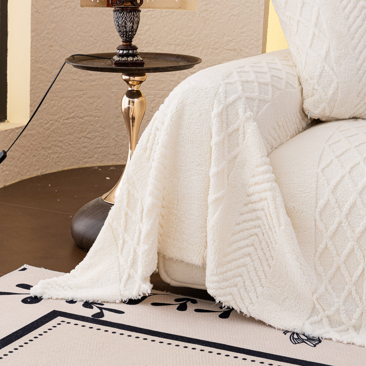 Plush Fleece Sofa Cover with 3D Cable Knit Texture Soft Cozy Warm Sofa Throw Blanket