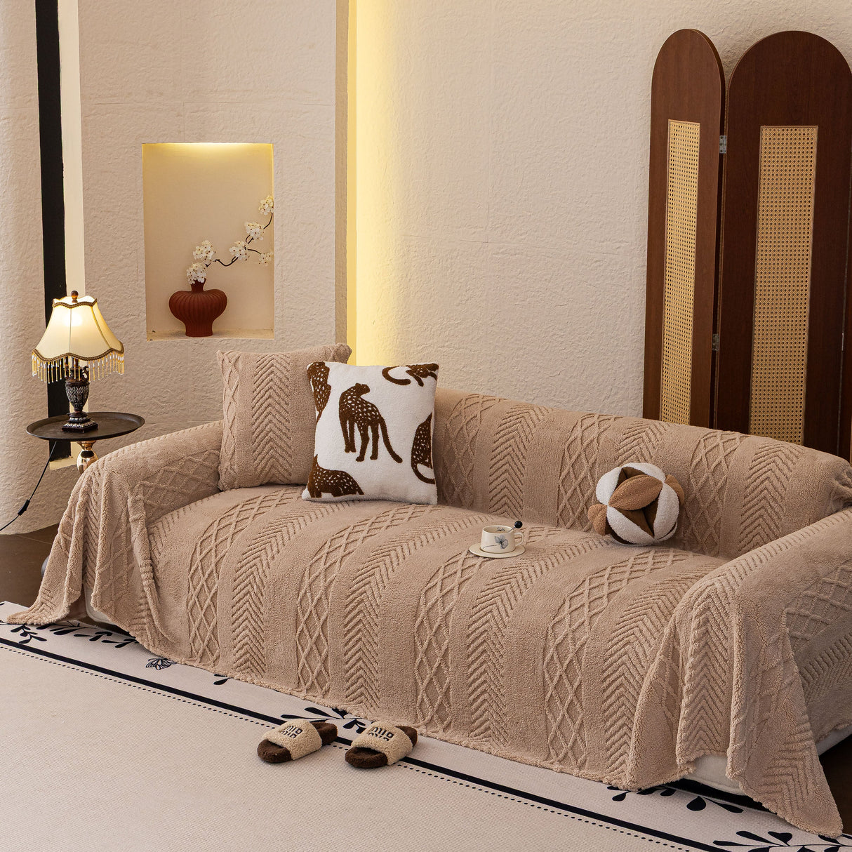 Plush Fleece Sofa Cover with 3D Cable Knit Texture Soft Cozy Warm Sofa Throw Blanket