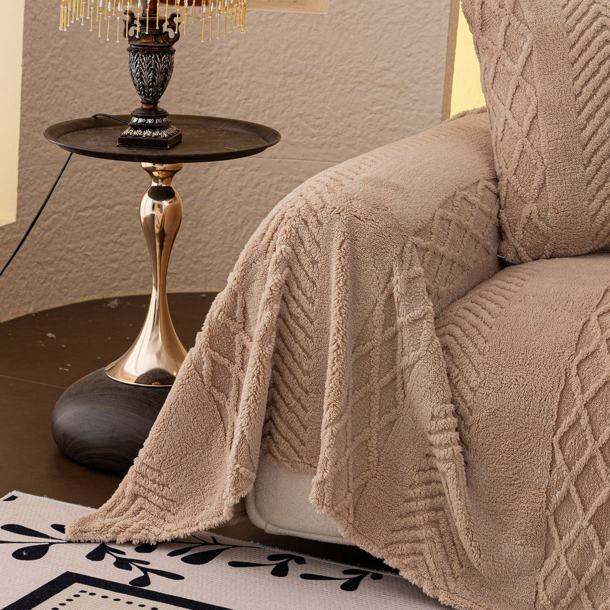 Plush Fleece Sofa Cover with 3D Cable Knit Texture Soft Cozy Warm Sofa Throw Blanket