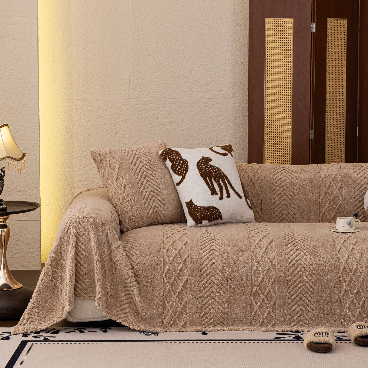 Plush Fleece Sofa Cover with 3D Cable Knit Texture Soft Cozy Warm Sofa Throw Blanket