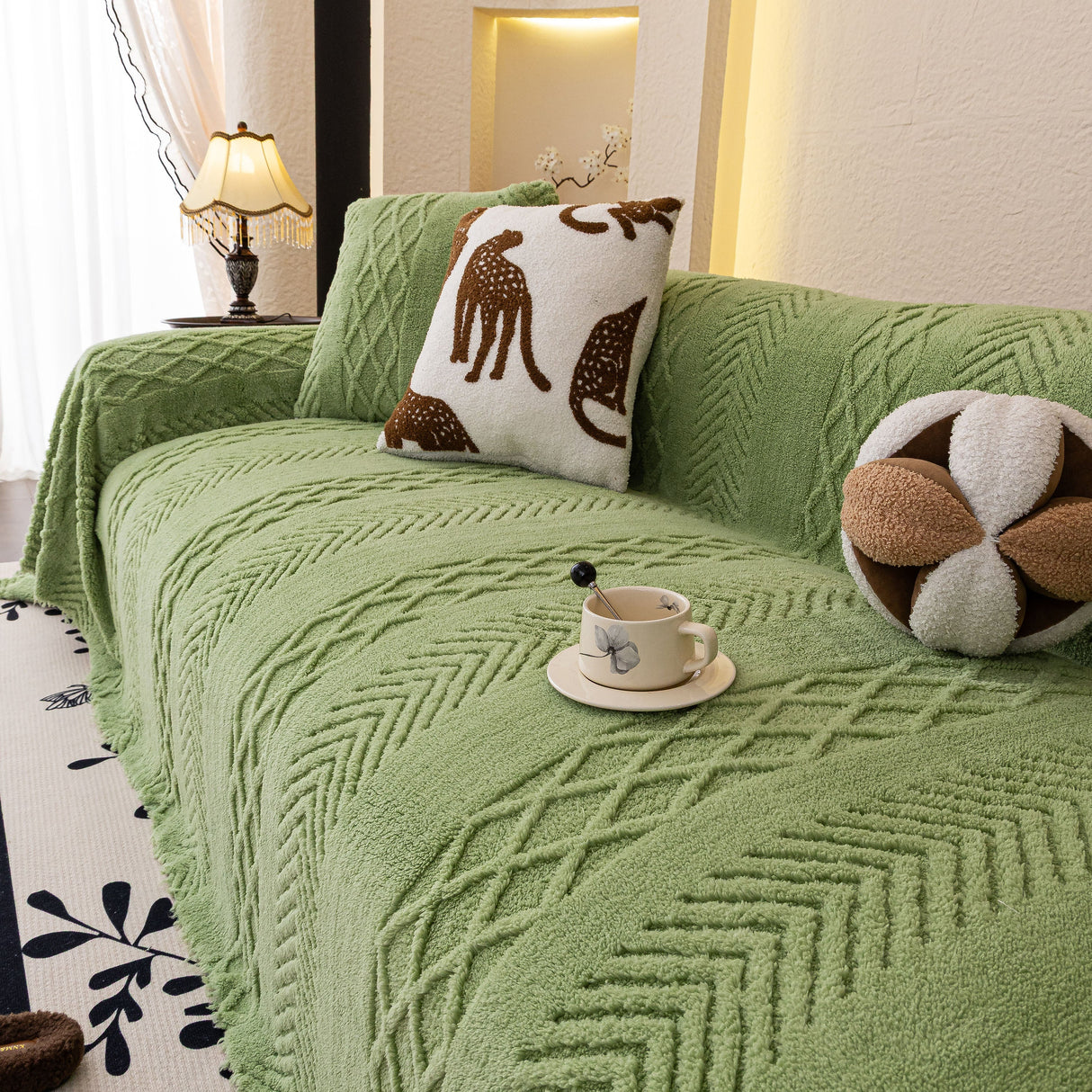 Plush Fleece Sofa Cover with 3D Cable Knit Texture Soft Cozy Warm Sofa Throw Blanket