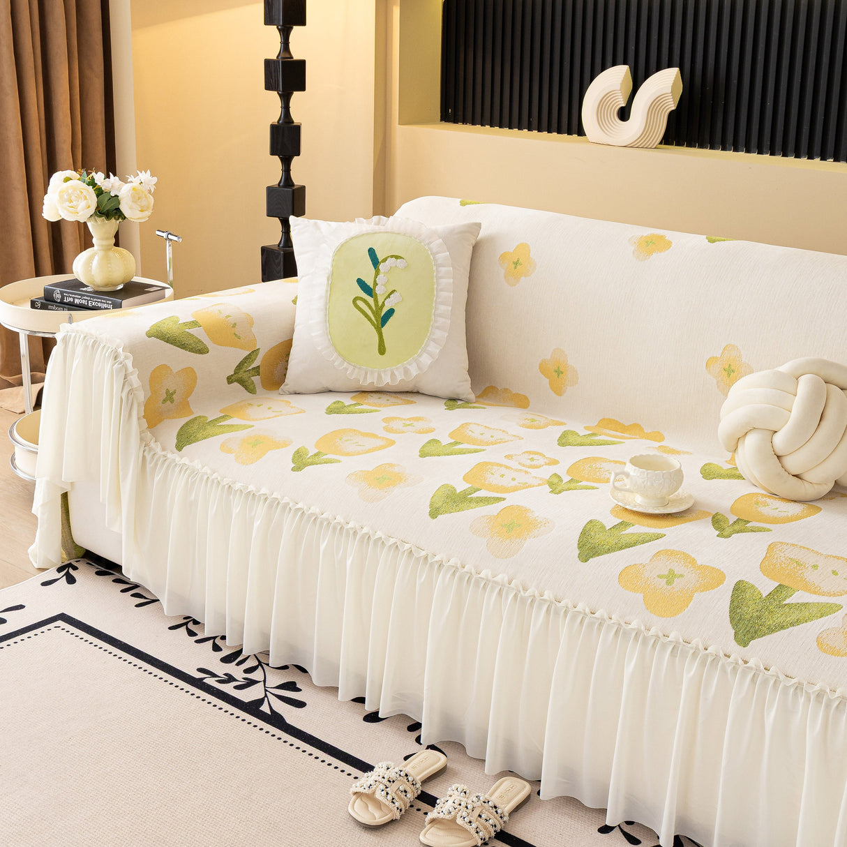 Ruffled Sweet Floral Sofa Cover with Skirt, Soft and Decorative Couch Throw Cover