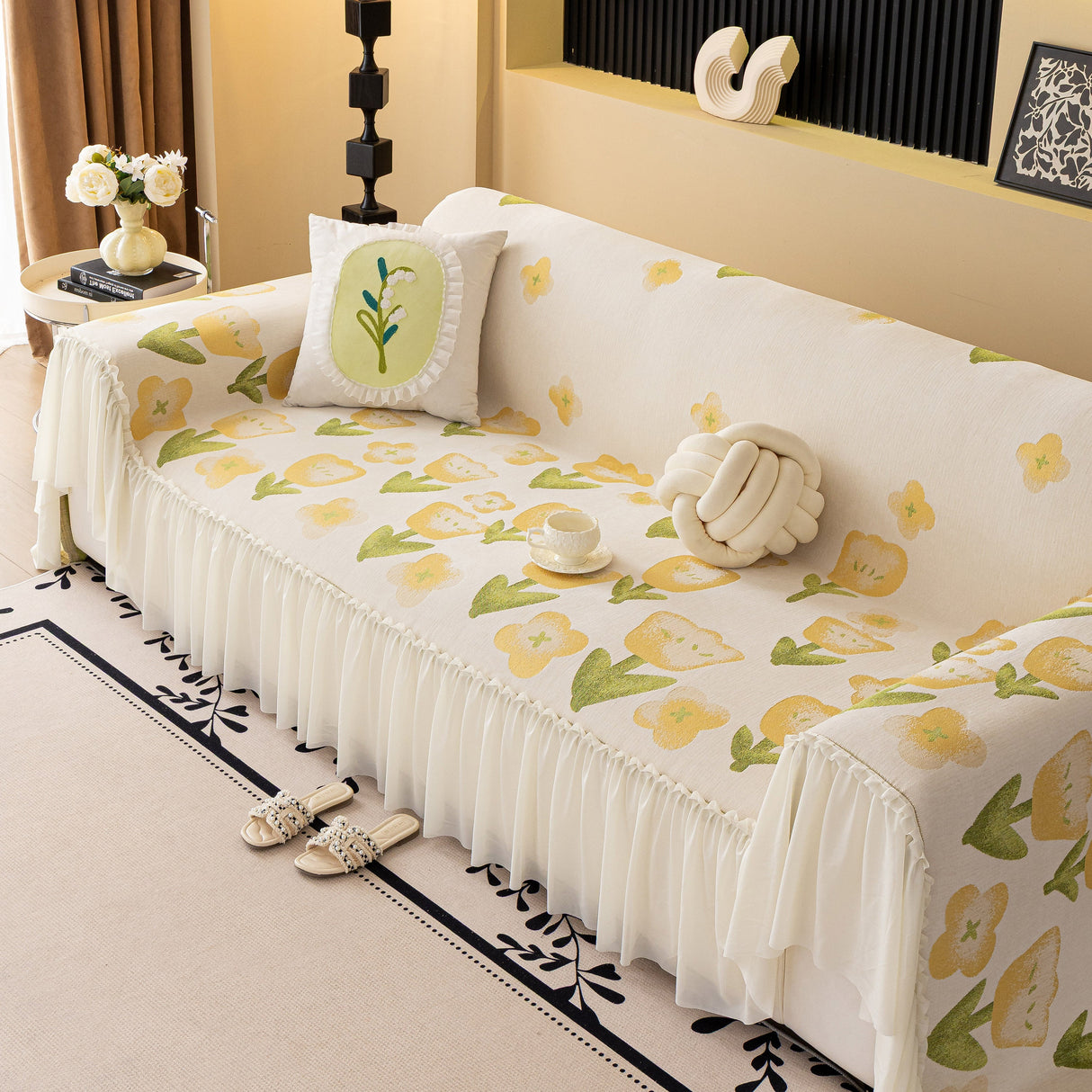 Ruffled Sweet Floral Sofa Cover with Skirt, Soft and Decorative Couch Throw Cover