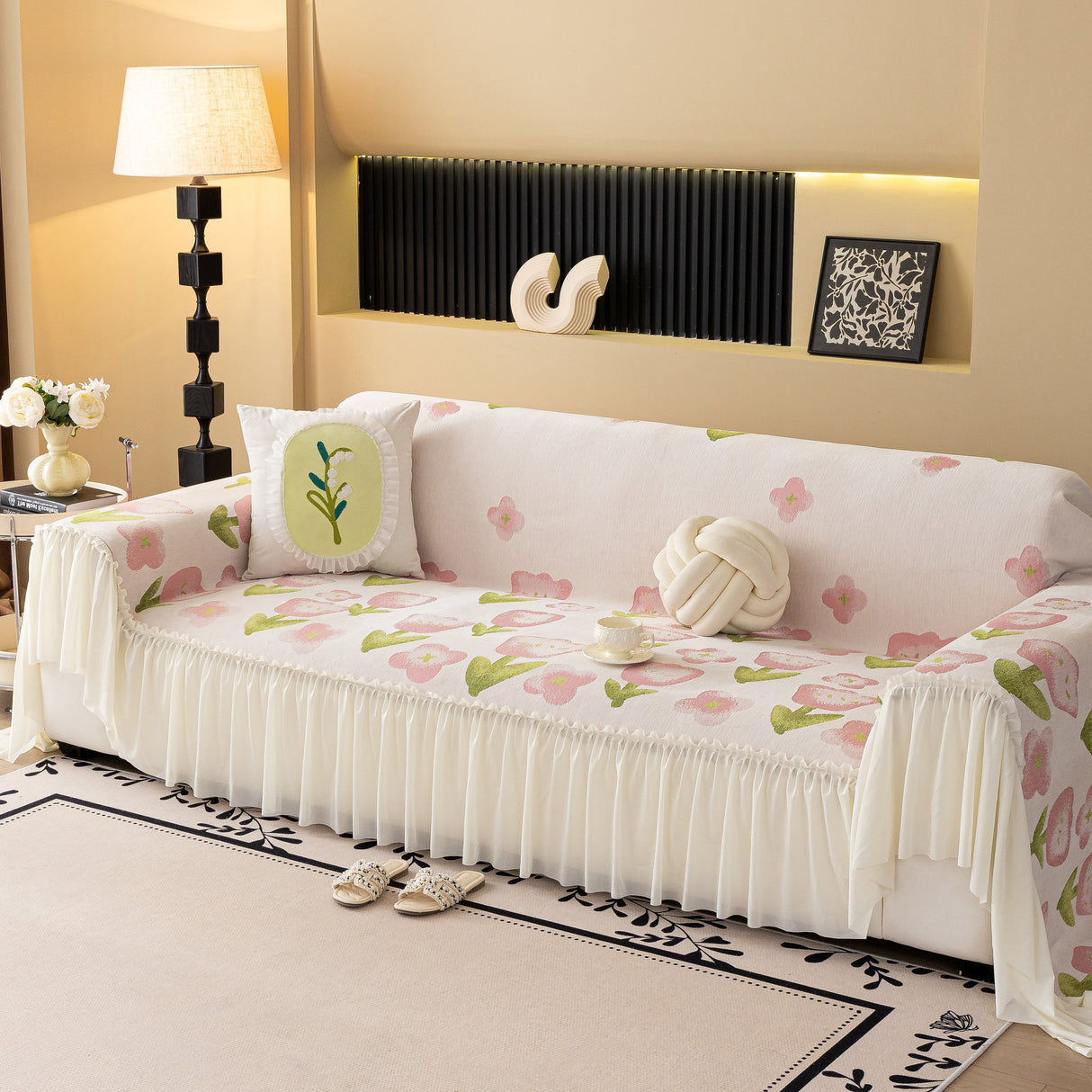 Ruffled Sweet Floral Sofa Cover with Skirt, Soft and Decorative Couch Throw Cover