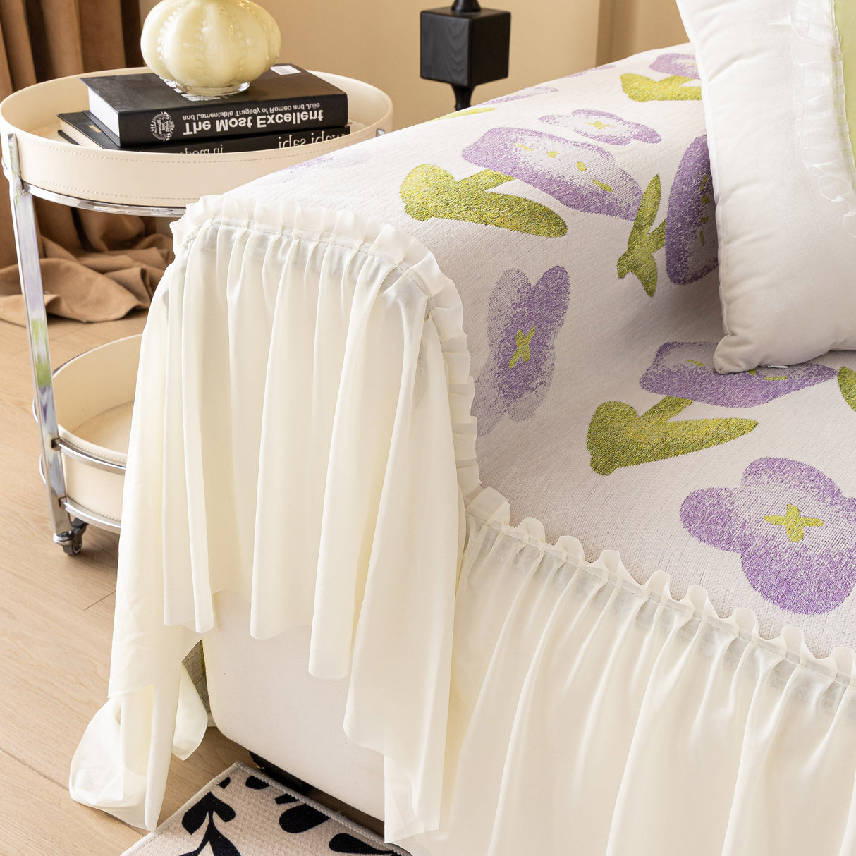 Ruffled Sweet Floral Sofa Cover with Skirt, Soft and Decorative Couch Throw Cover