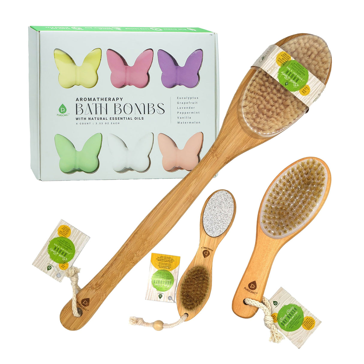 Pursonic Aromatherapy Bath Bombs & Bamboo Spa Brush Bundle – Relax, Refresh & Rejuvenate Naturally by Pursonic