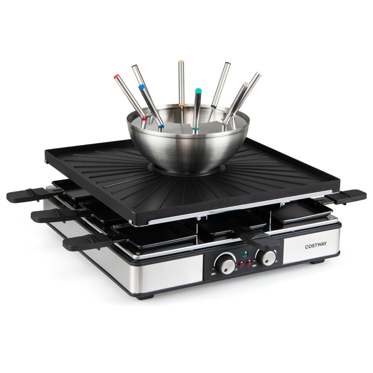 BBQ Grill with Fondue Pot Set and Adjustable Thermostats for 8 People